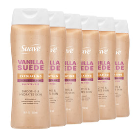 Suave Vanilla Suede Exfoliating Scrub + Wash bottle showing hydrating cleanser in hand