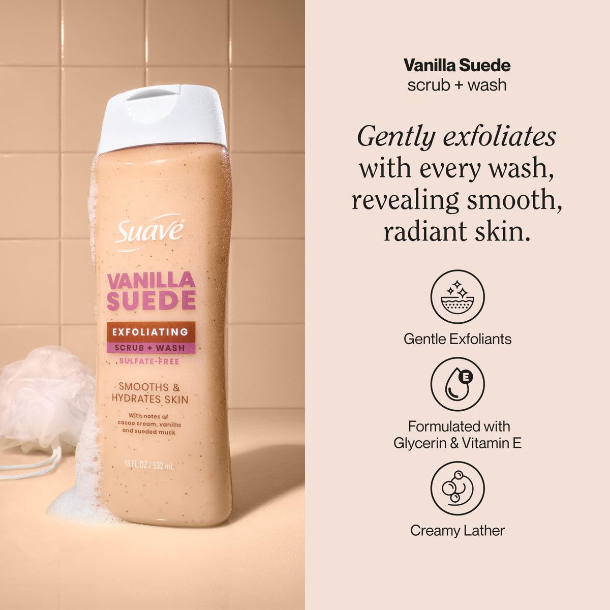 Creamy lather from Suave Vanilla Suede Exfoliating Scrub + Wash