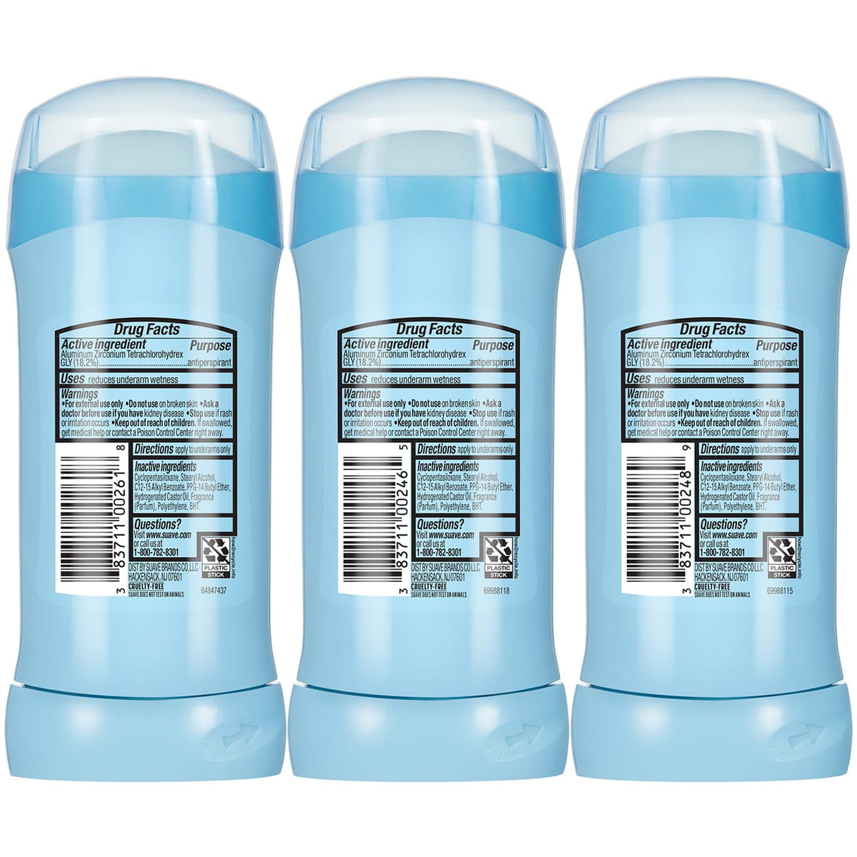 Three-stick Suave variety pack display offering flexible scent options.
