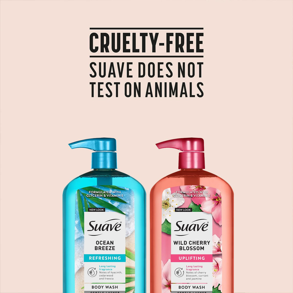 Suave Vitamin E close-up highlights nourishing oil in formula.