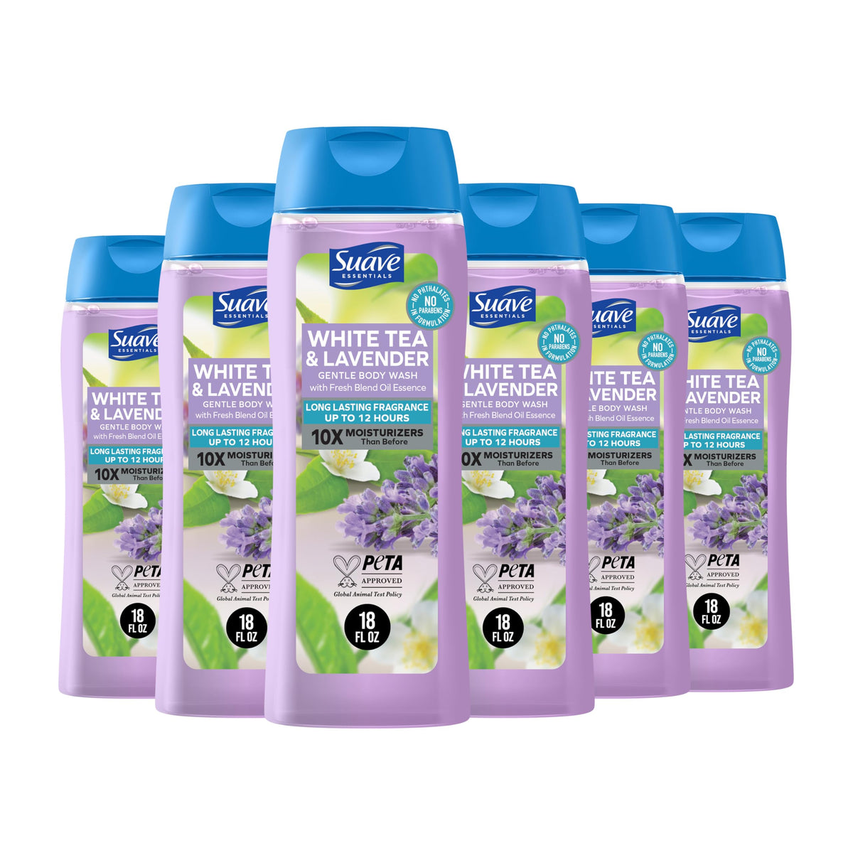 Suave White Tea & Lavender bottle pour showing gentle cleanse and hydration