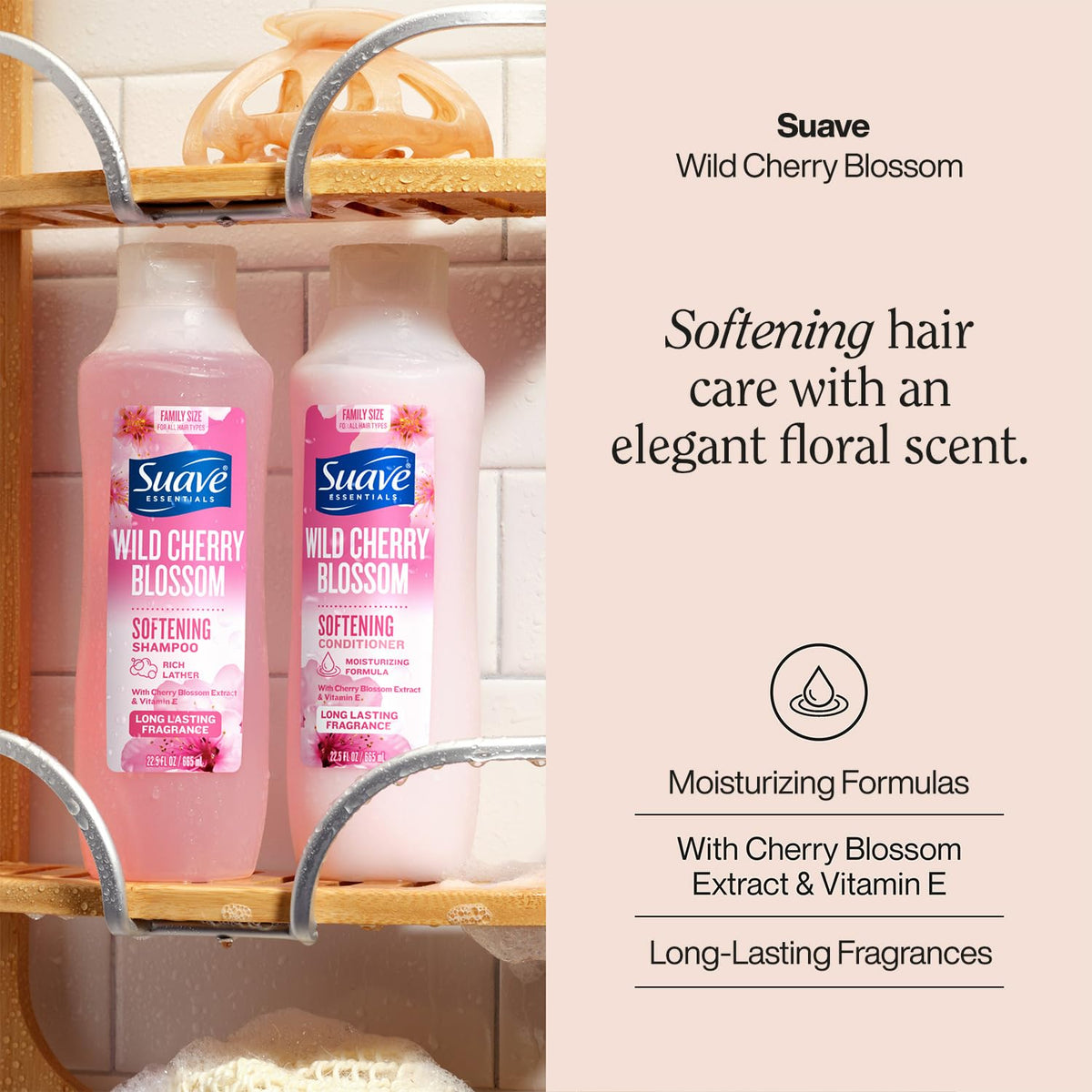 Suave Wild Cherry Blossom conditioner bottle delivering silky smooth hair