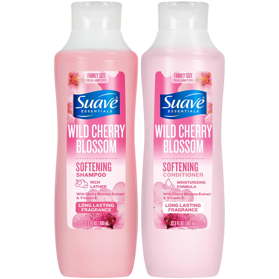 Suave Wild Cherry Blossom shampoo bottle with gentle hydrating cleanse