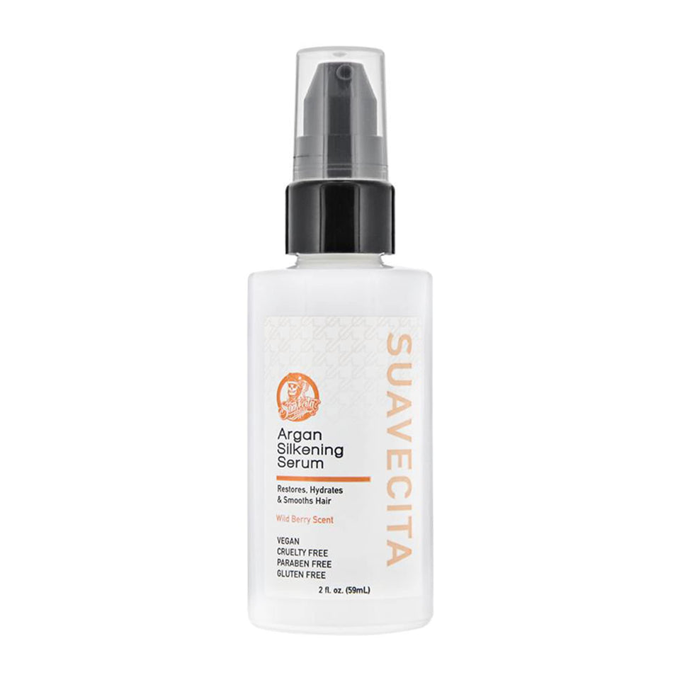 Suavecita Argan Silkening Serum bottle on shelf delivering shine and frizz control.