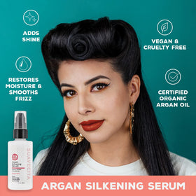 Suavecita Argan Silkening Serum Wild Berry close-up showing glossy strands.