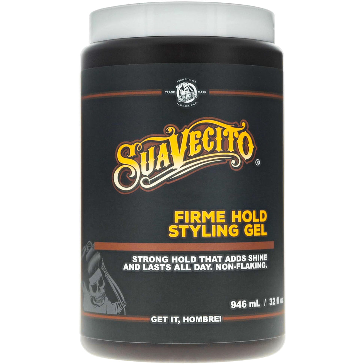 Suavecito Firme Hold Gel 32oz tub front view, alcohol-free formula delivering strong hold.