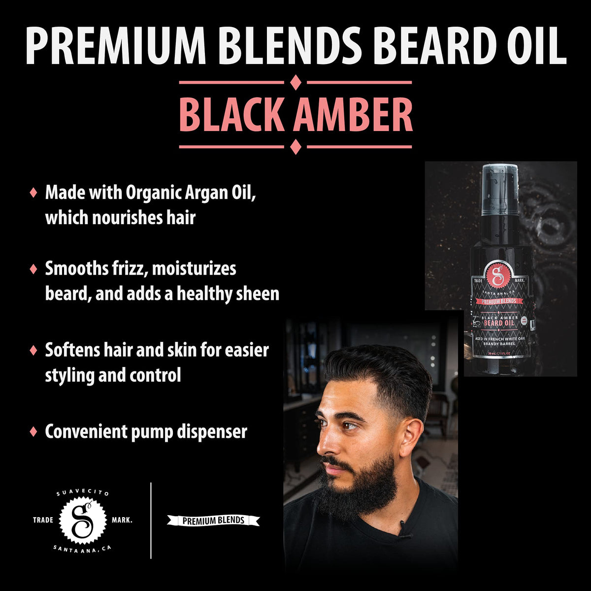 Suavecito Premium Blends Beard Oil with argan oil for lightweight, even coverage.
