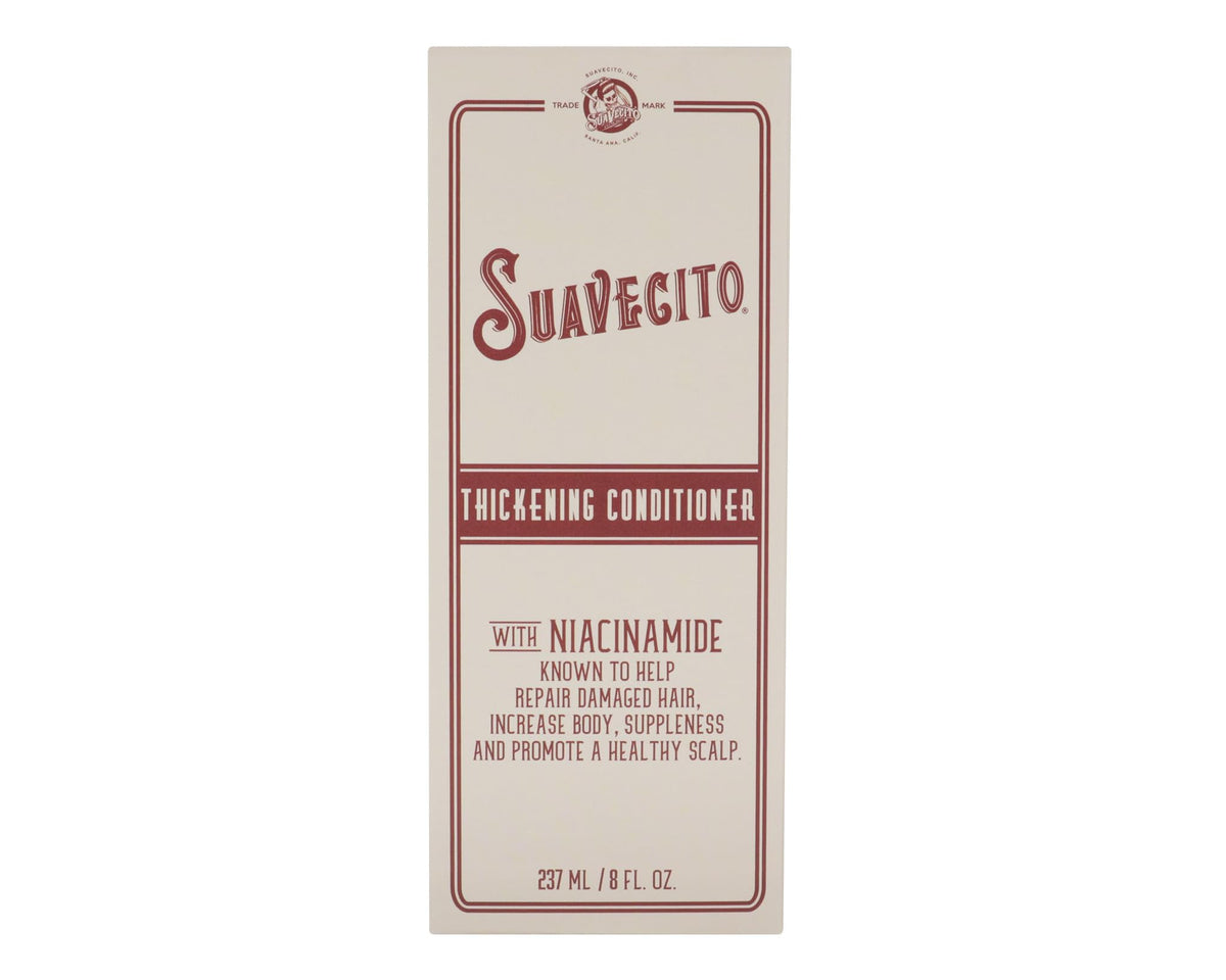 Suavecito Thickening Conditioner bottle showcasing conditioning that supports stronger, healthier-looking strands.