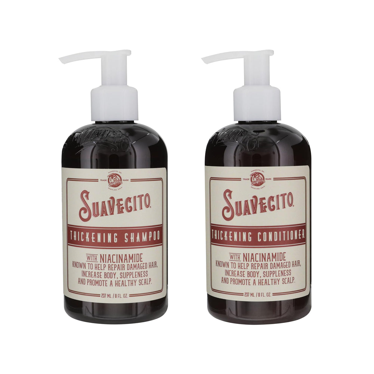 Suavecito Thickening Shampoo bottle highlighting hair growth support for fuller hair.