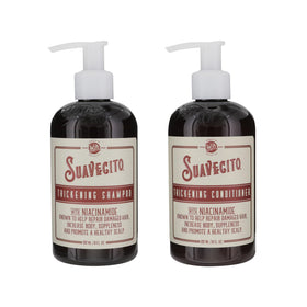 Suavecito Thickening Shampoo bottle highlighting hair growth support for fuller hair.