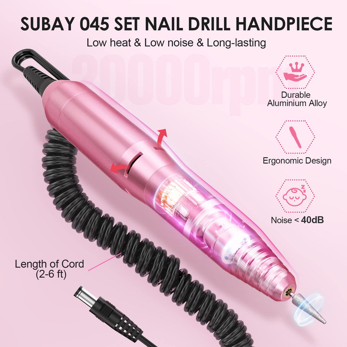 SUBAY nail drill bit chamber demonstrates quick-change compatibility for varied nails.