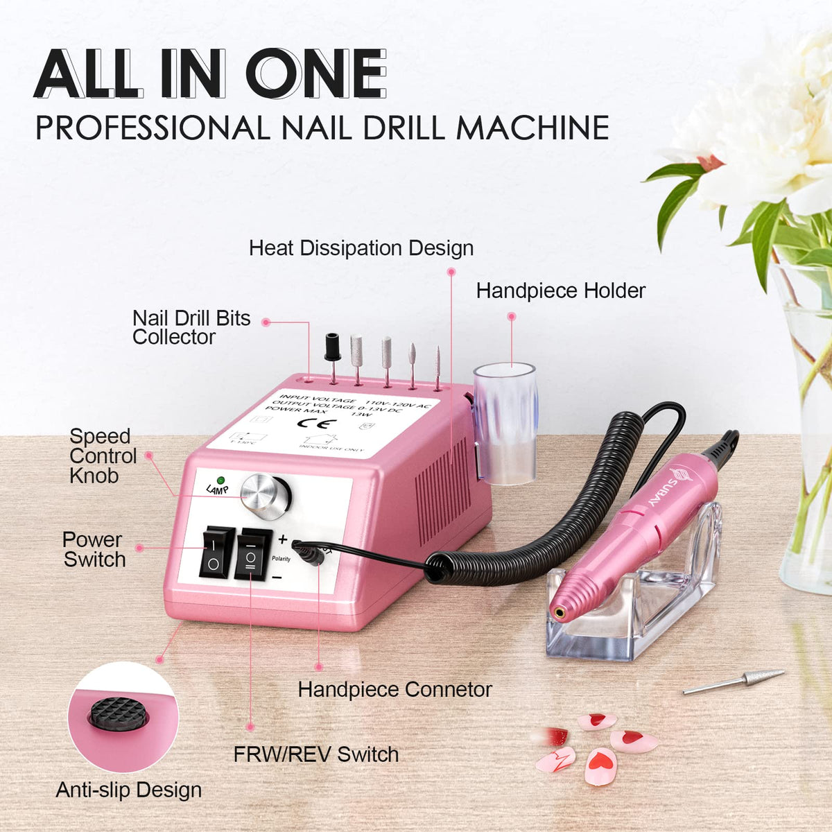 SUBAY nail drill machine side view highlights ergonomic grip for comfortable use.