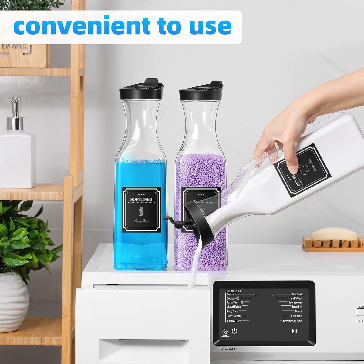 SUBEKYU laundry room organization setup featuring the dispenser for a neat space.