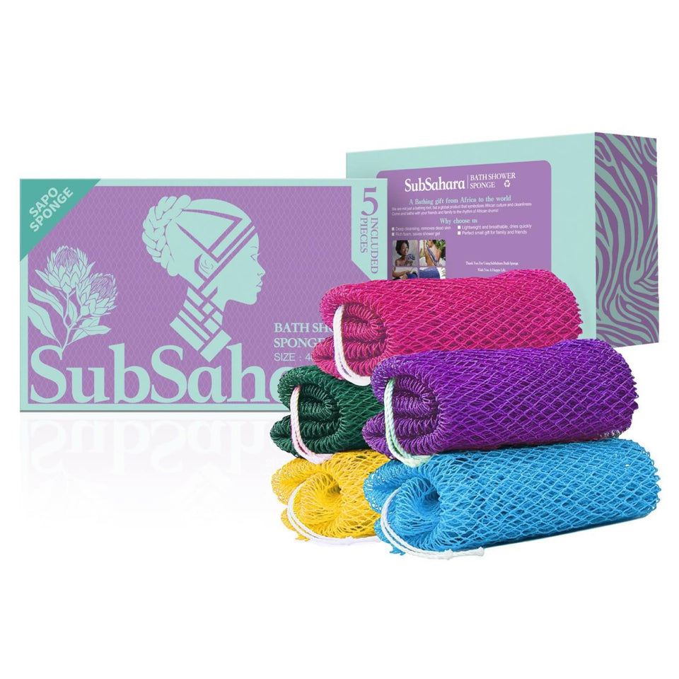 SubSahara authentic African net sponge in a 5-pack flat lay, ready for travel and daily cleansing