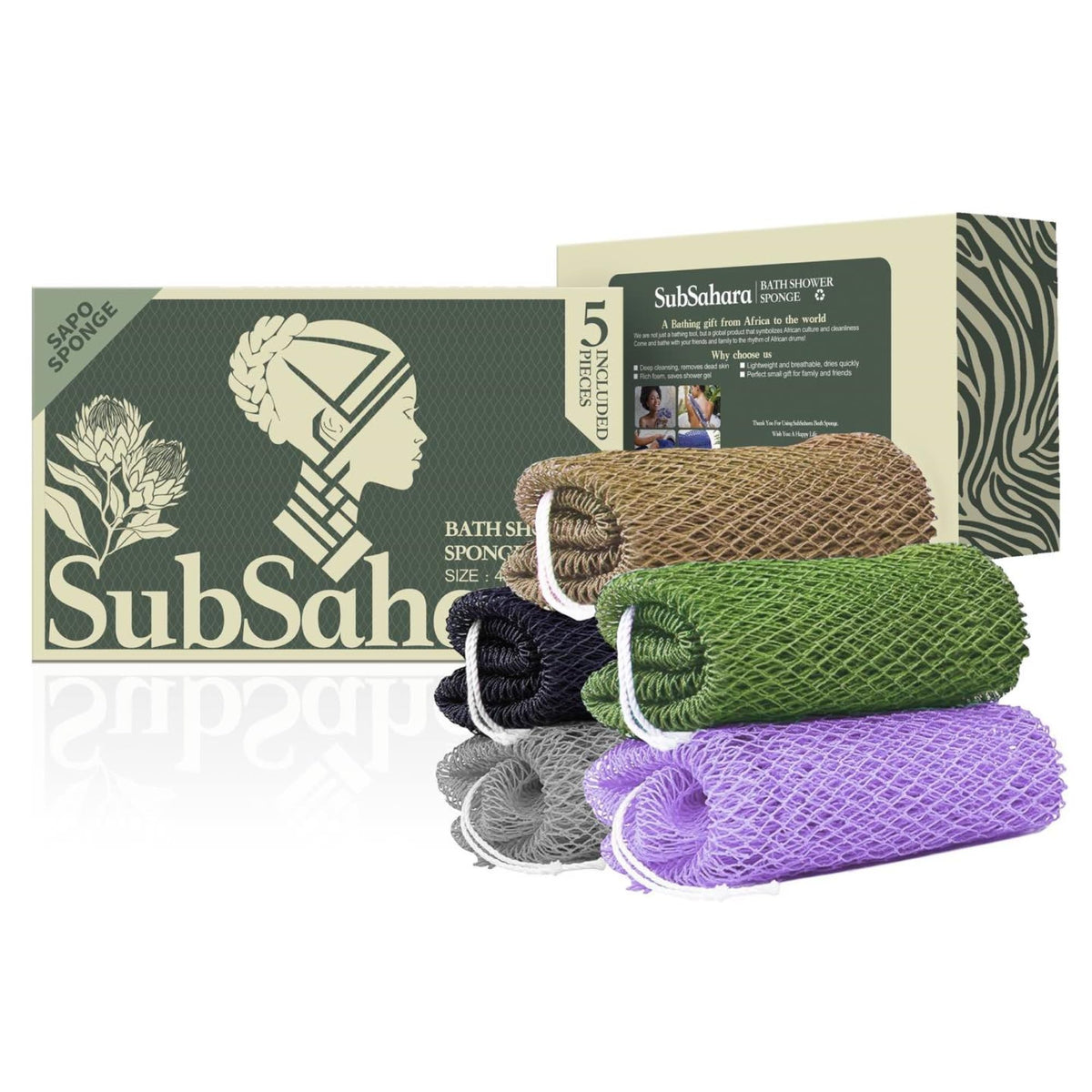 SubSahara authentic African net sponge 5-pack for gentle body and face exfoliation.