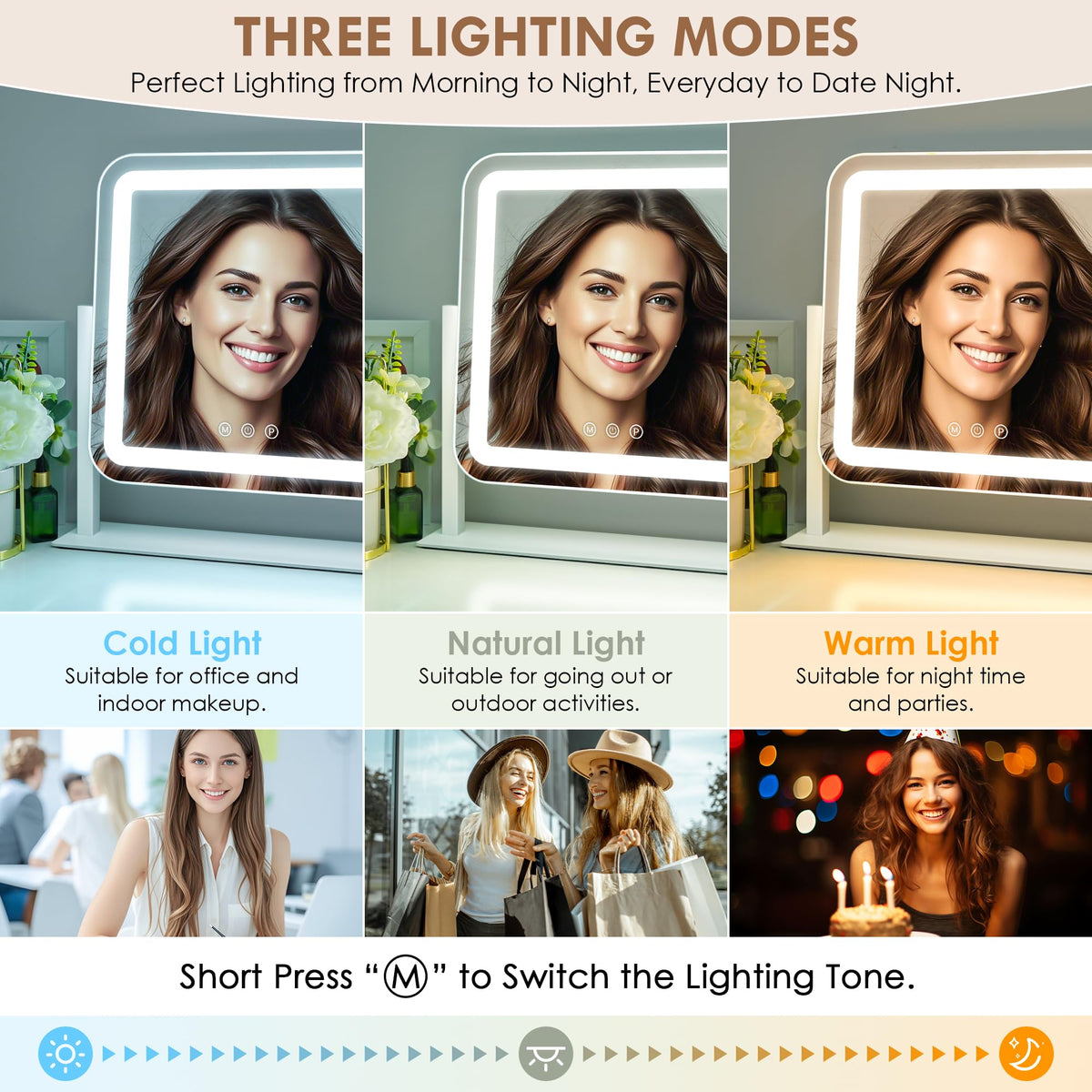 Sucedey LED makeup mirror in Hollywood style frame for glamorous lighting.