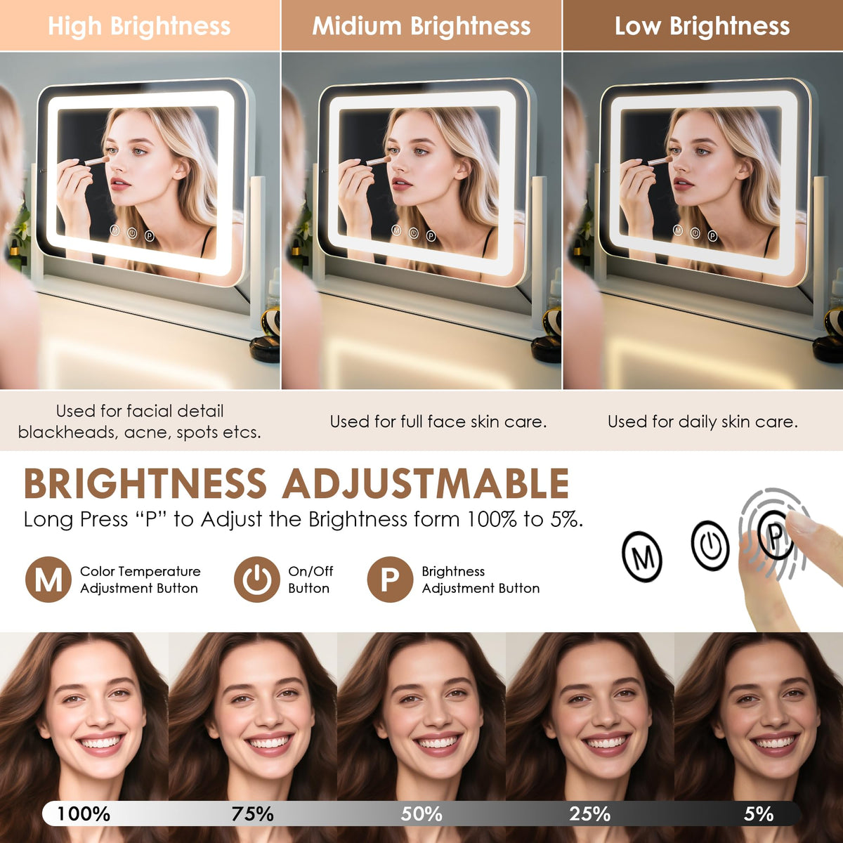 Sucedey three color modes with adjustable brightness for day to night makeup.