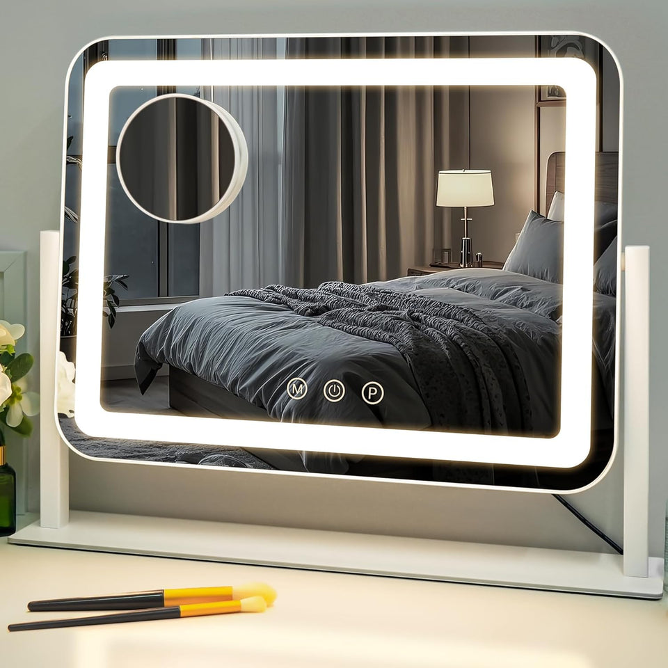 Sucedey vanity mirror with lights showing three lighting options for precise makeup application.