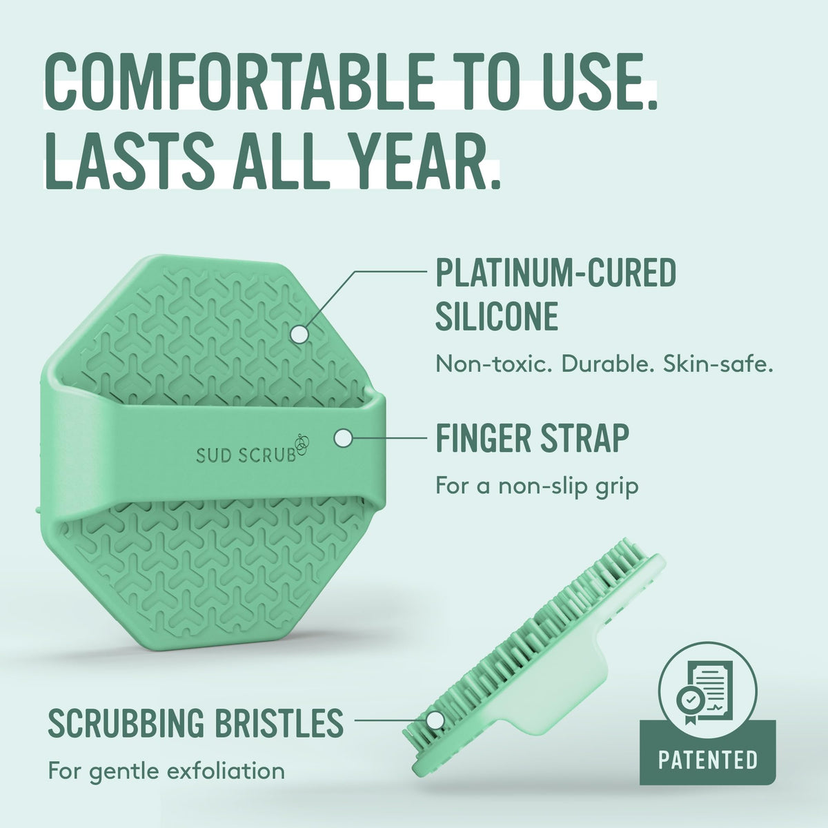 Durable food-grade silicone construction shown on Sud Scrub.