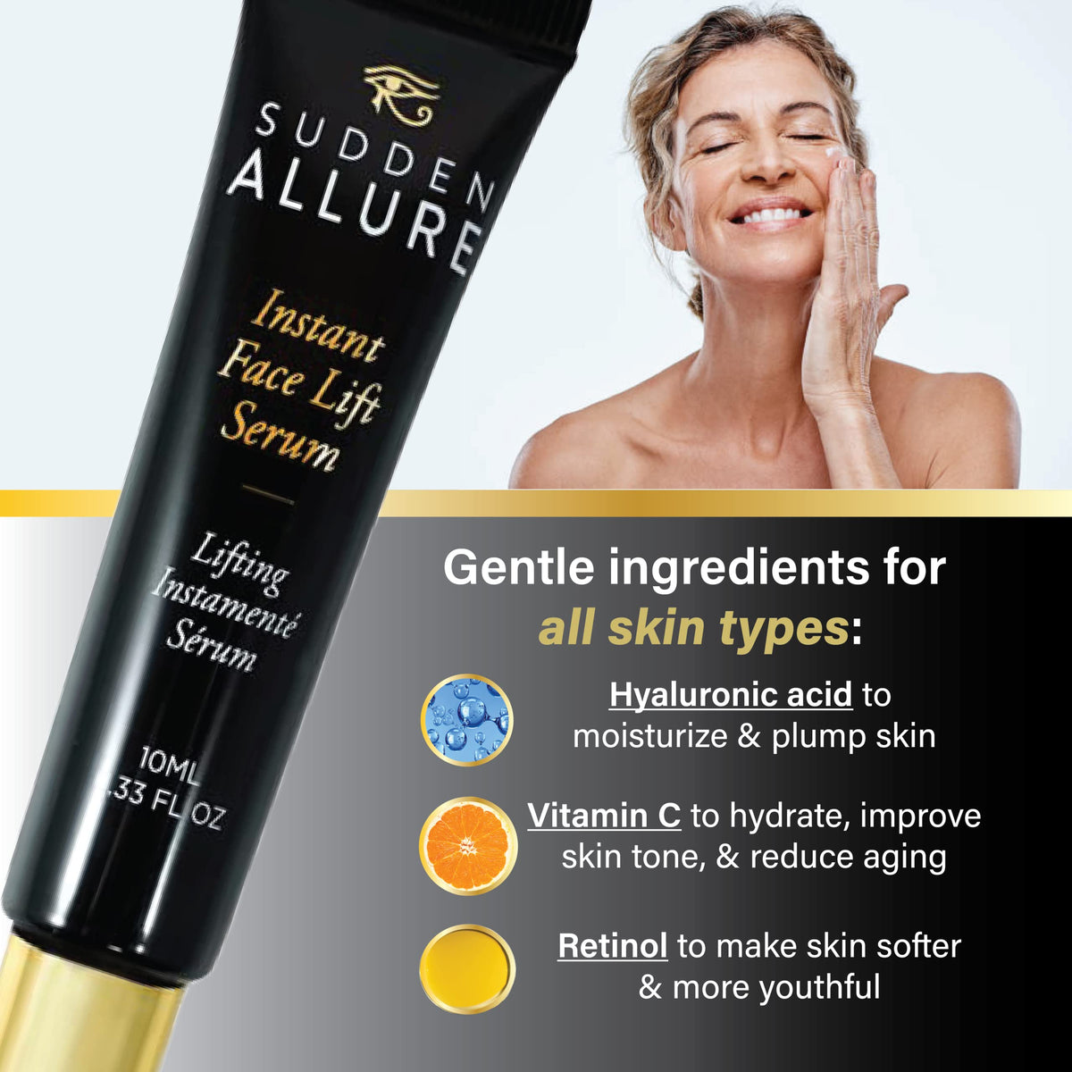 SuddenAllure bottle highlights key ingredients for hydration and tone.