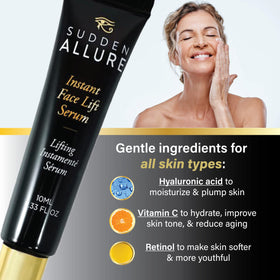SuddenAllure bottle highlights key ingredients for hydration and tone.