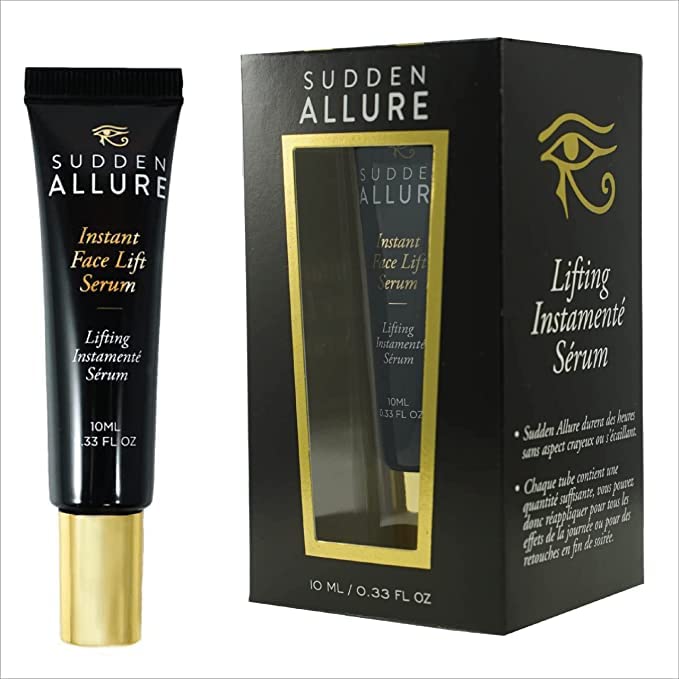 SuddenAllure instant face lift serum bottle ready for application, promoting immediate tightening around the eye area.