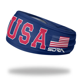 Suddora US flag wide headband in blue, non-slip fit for workouts and events.