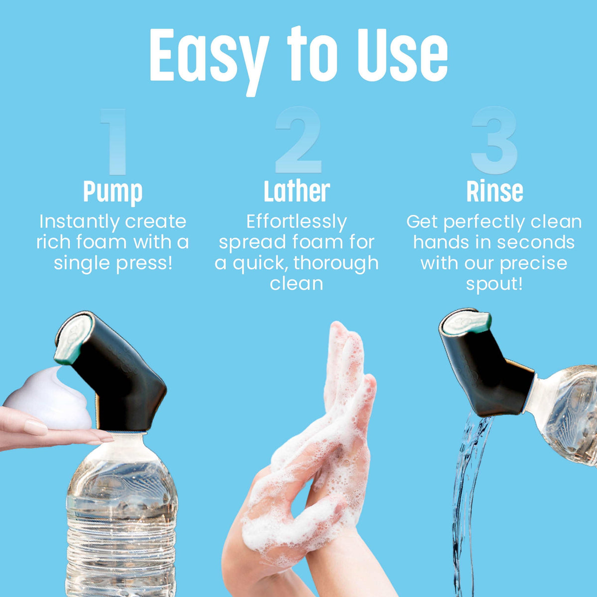 Suds2Go BPA-free cap ensures safe, versatile use with disposable bottles.