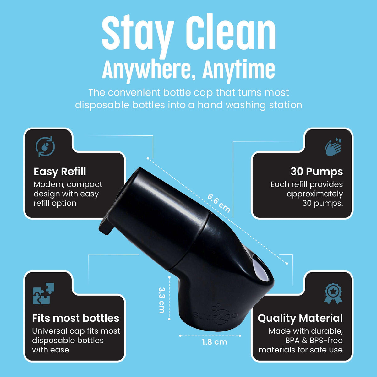 Suds2Go lid valve keeps soap and water separate for clean hands.