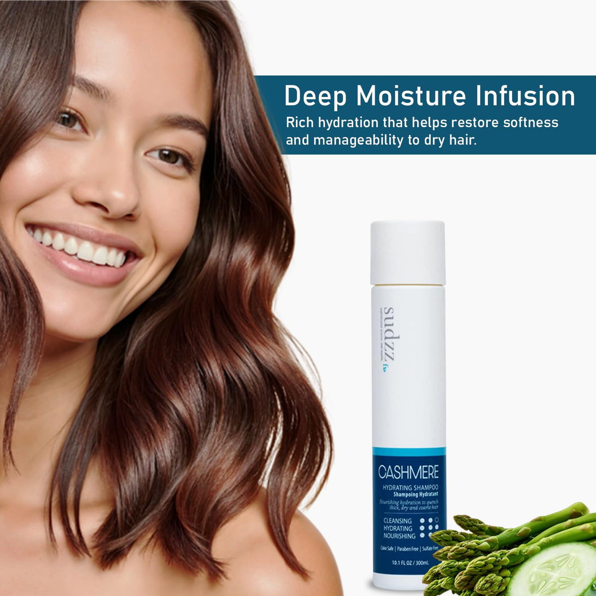 SUDZZFX Cashmere essence visible in hair care formula for softness.
