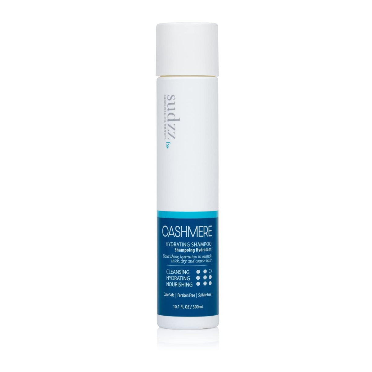 SUDZZFX Cashmere Hydrating Shampoo bottle on shelf, color-safe moisture for all hair types.