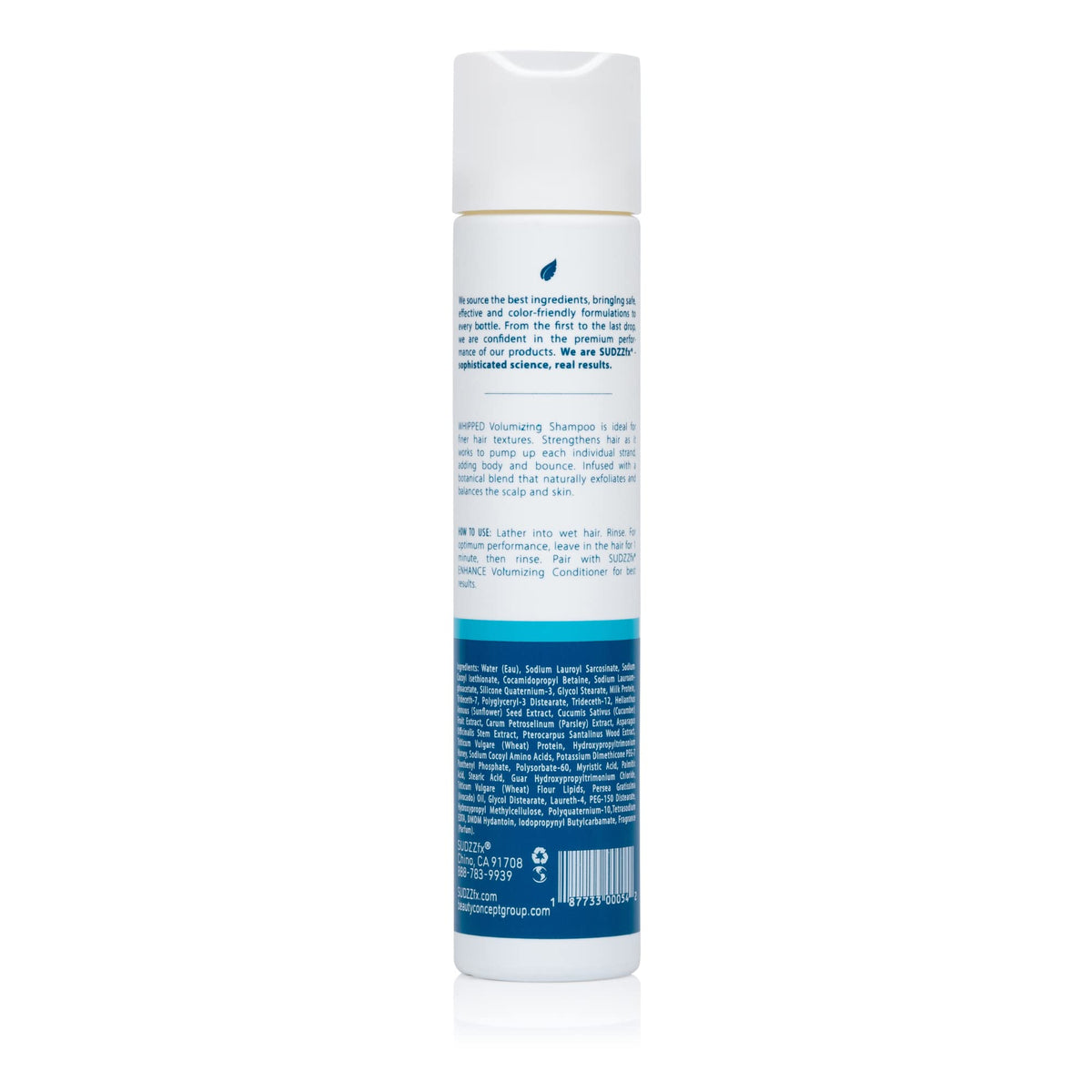 SUDZZFX Whipped Creme & Honey Volumizing Shampoo label close-up highlights sulfate-free formula.
