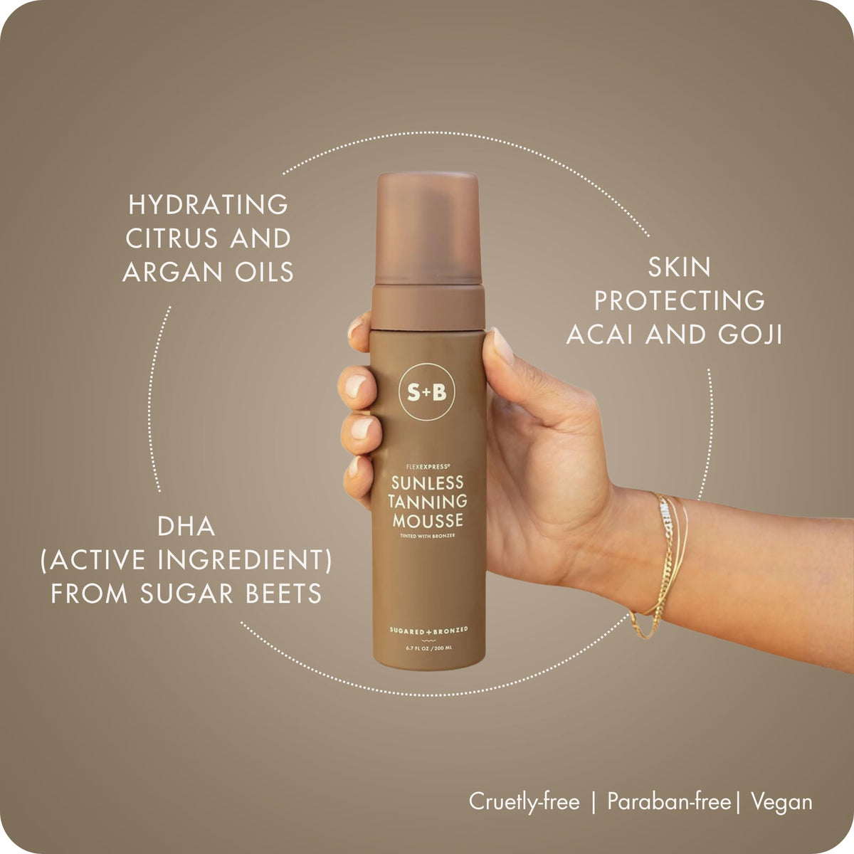 Sugared + Bronzed hydrating oils and botanicals in the formula.