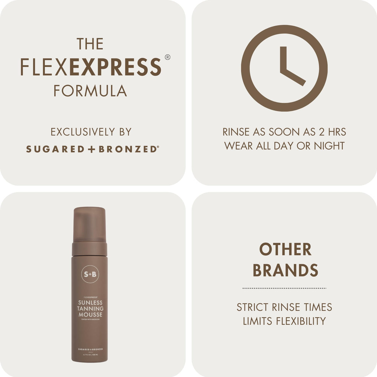 Sugared + Bronzed lightweight mousse formula offers comfortable wear.