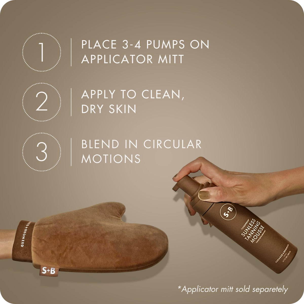 Sugared + Bronzed tanning mitt applying mousse for smooth, streak-free coverage.