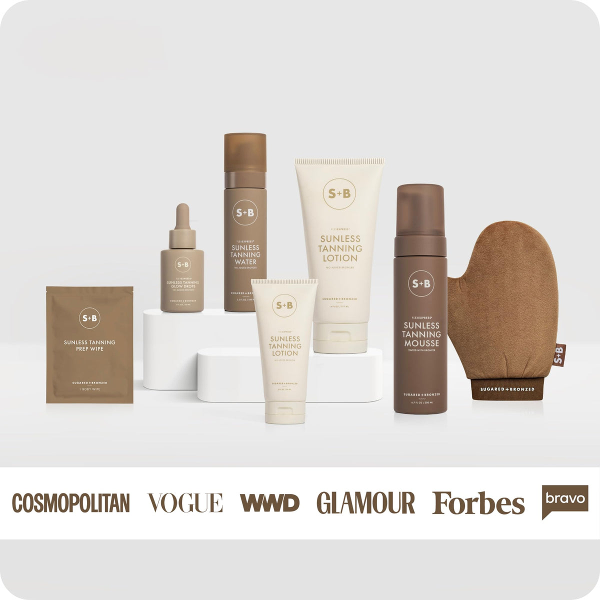 Sugared + Bronzed travel-friendly packaging ideal for on-the-go tanning.