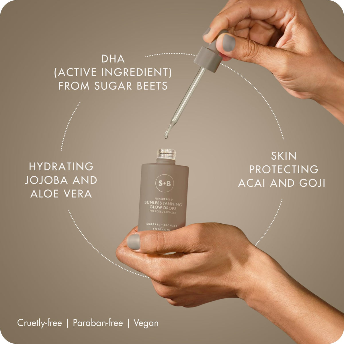 Vegan, cruelty-free formula resting beside botanical extracts