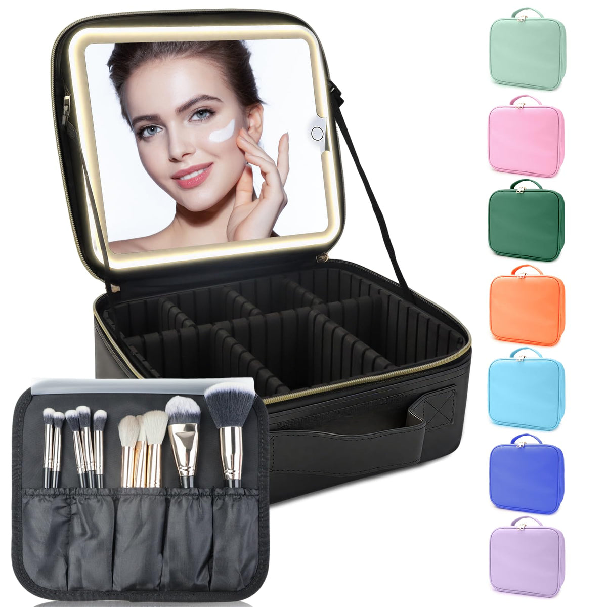 SUILU makeup bag with LED mirror showing adjustable brightness for precise makeup.