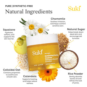 Close-up of colloidal oat particles in Suki cleanser soothing the skin.