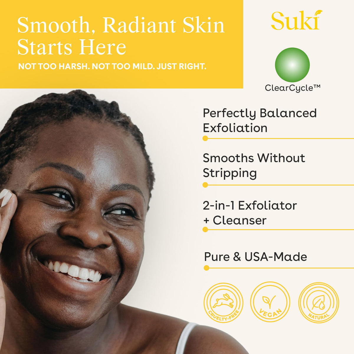 Suki exfoliating action close-up with sugar grains for mild mechanical exfoliation.