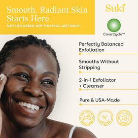 Suki exfoliating action close-up with sugar grains for mild mechanical exfoliation.