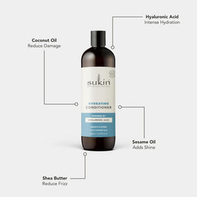 Ingredients panel on Sukin Hydrating Conditioner bottle highlights natural formula