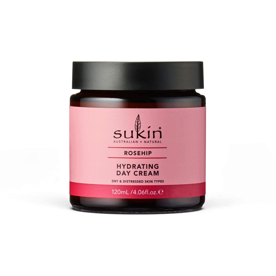 Sukin Hydrating Day Cream with Rosehip packaging close-up highlights vegan formula.
