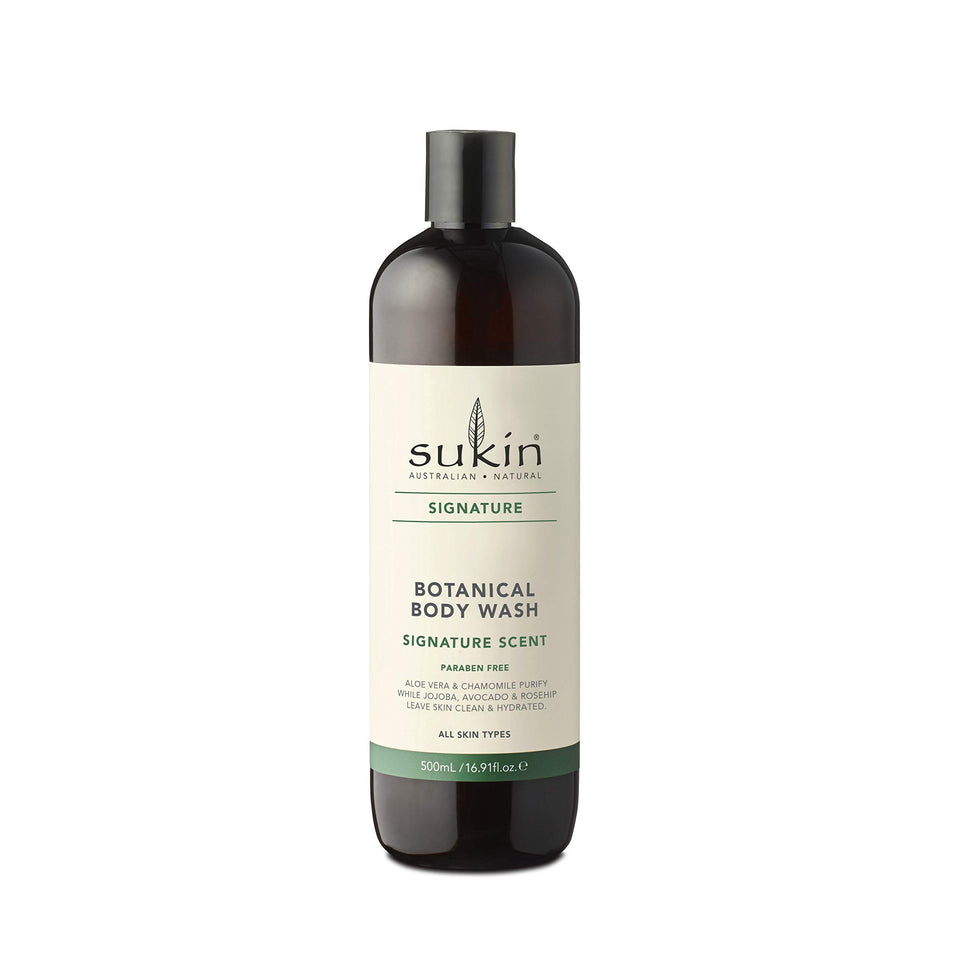 Sukin Signature Botanical Body Wash bottle on shelf for daily cleansing
