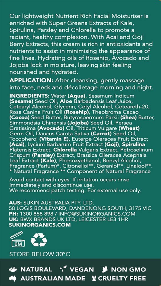 Sukin Super Greens moisturiser packaging highlights daily skincare ritual.