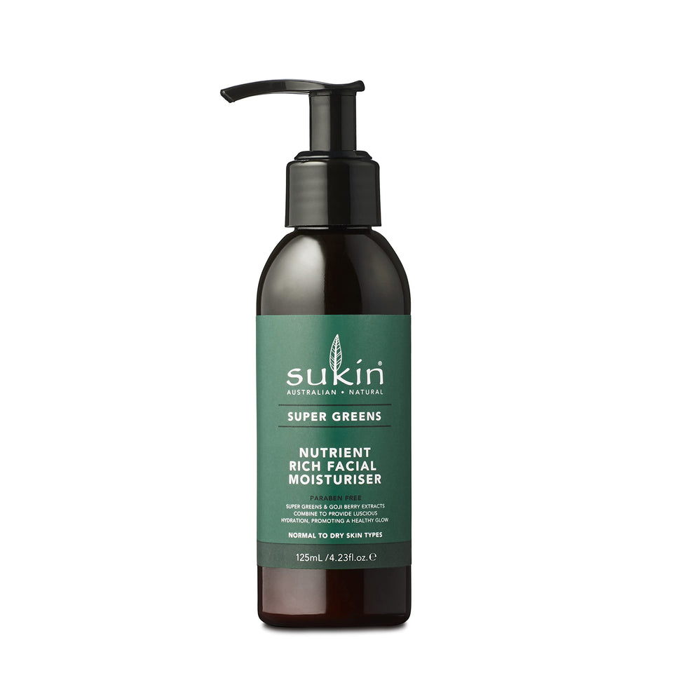 Sukin Super Greens facial moisturiser bottle for daily hydration.