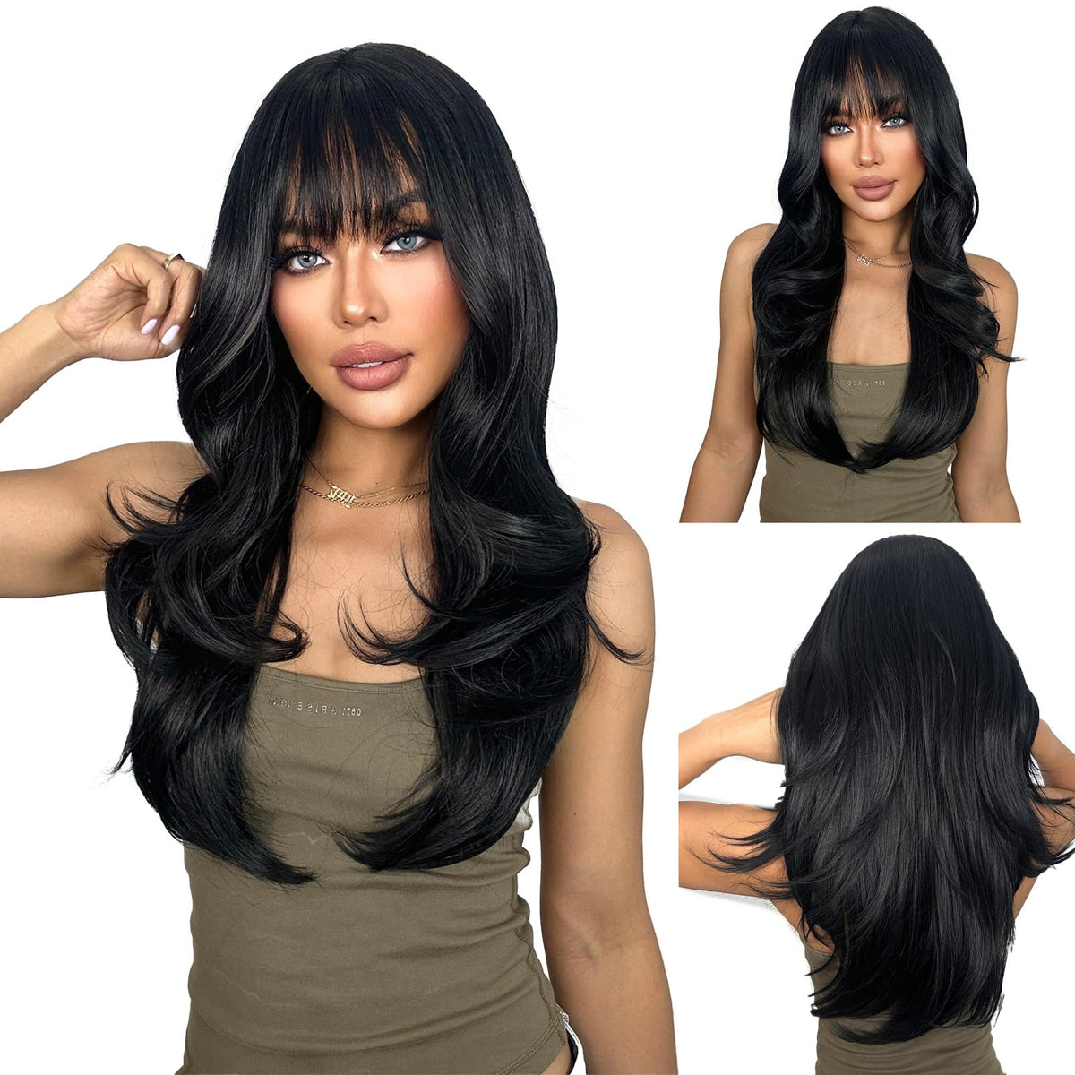 SUKRI Black Layered Wig with Bangs, 26 inch length for versatile daily styling