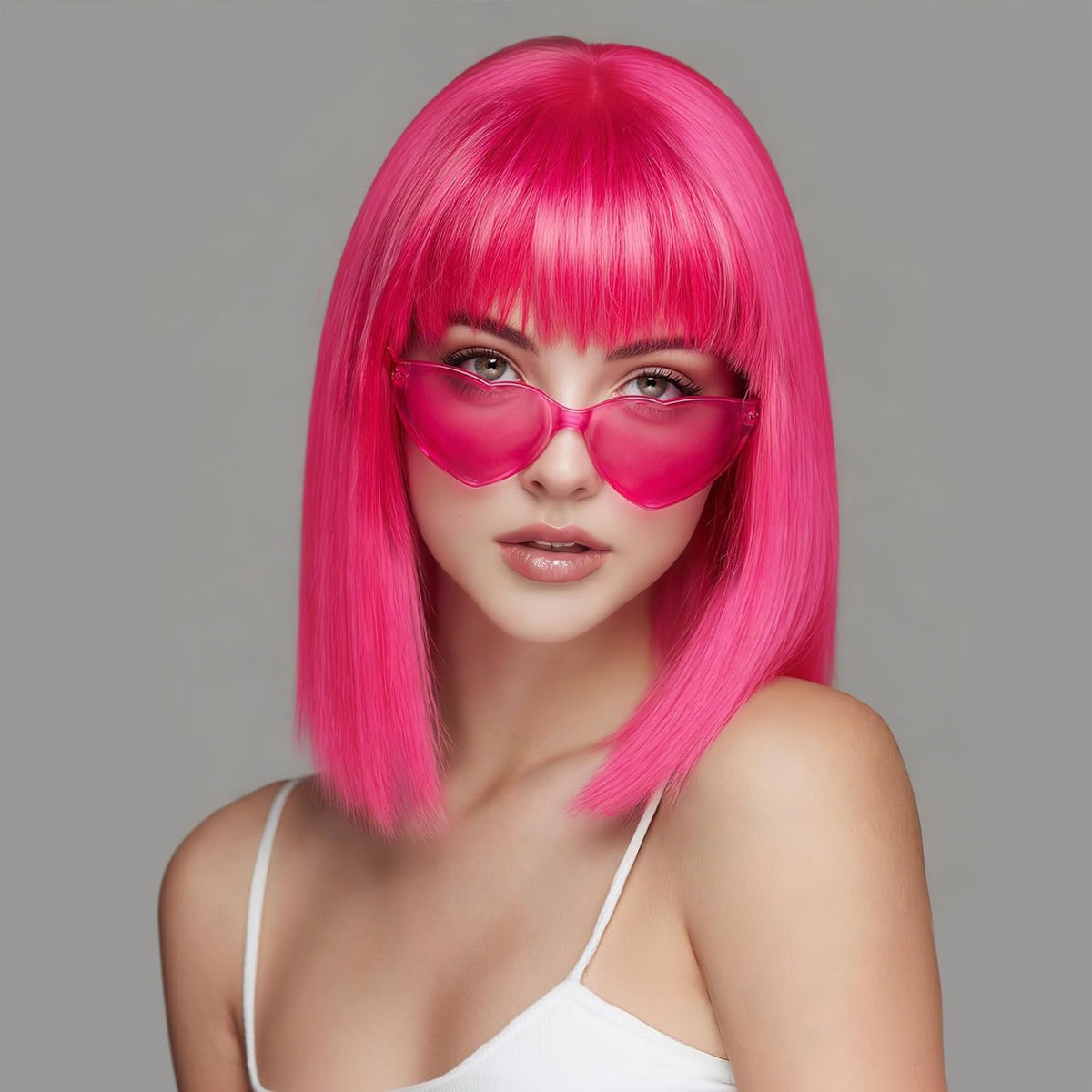 SUKRI hot pink short bob wig with bangs, 12 inch, lightweight for daily wear