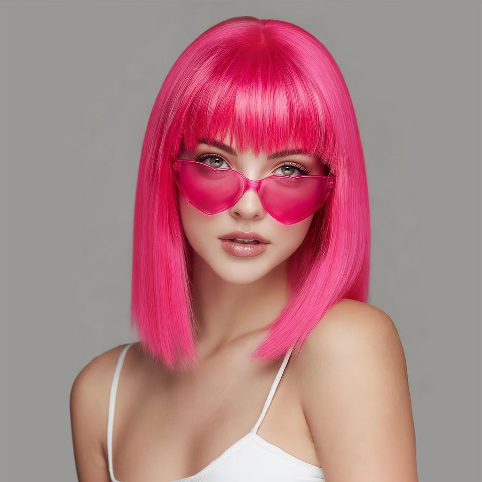 SUKRI hot pink short bob wig with bangs, 12 inch, lightweight for daily wear