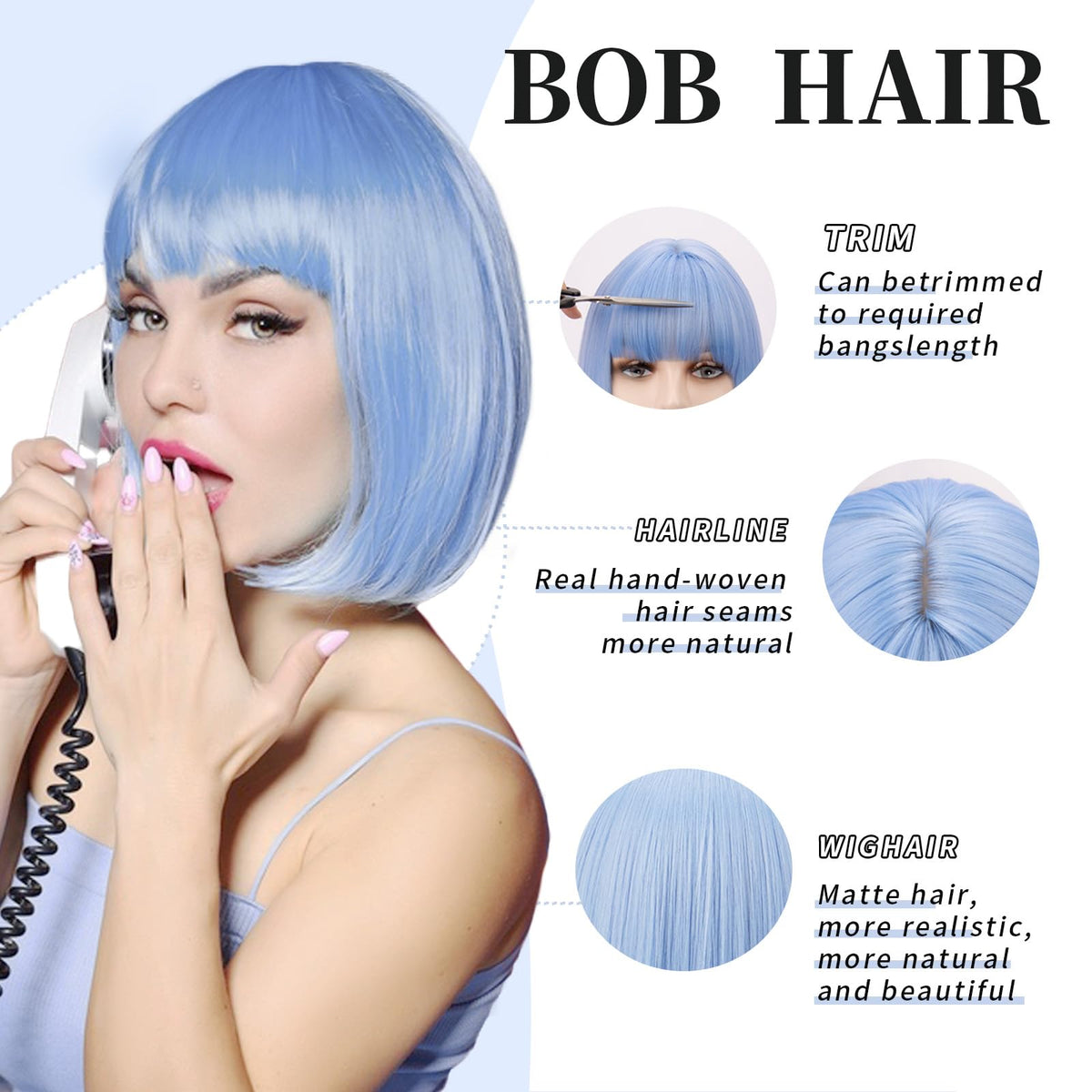Model wearing SUKRI light blue wig to show versatility